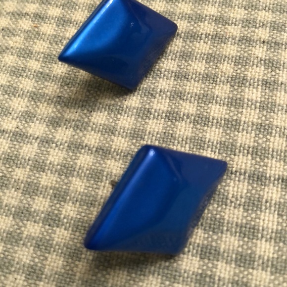 Vintage Royal Blue Glossy Beveled Diamond Shape Stud  Pierced Earrings - #432 - Picture 4 of 7